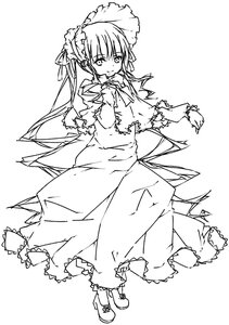 Rating: Safe Score: 0 Tags: 1girl dress frills full_body greyscale image lineart long_hair long_sleeves looking_at_viewer monochrome shinku shoes smile solo torn_clothes User: admin