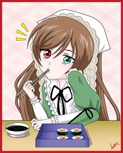 Rating: Safe Score: 0 Tags: 1girl blush border brown_hair dress eating food frills green_eyes heterochromia image long_hair red_eyes ribbon solo suiseiseki User: admin