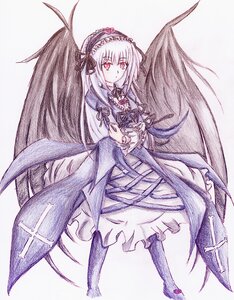 Rating: Safe Score: 0 Tags: 1girl black_wings closed_mouth dress flower frilled_sleeves frills hairband image long_hair long_sleeves looking_at_viewer red_eyes ribbon rose solo suigintou traditional_media very_long_hair wings User: admin