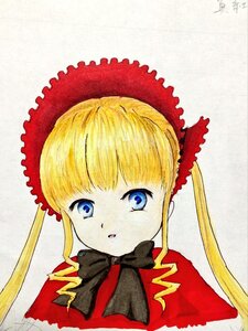 Rating: Safe Score: 0 Tags: 1girl bangs blonde_hair blue_eyes bonnet bow bowtie dress image long_hair looking_at_viewer parted_lips portrait red_dress shinku sidelocks signature simple_background solo twintails User: admin