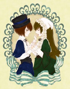 Rating: Safe Score: 0 Tags: 2girls brown_hair dress frills green_dress green_eyes hat holding_hands image long_hair long_sleeves looking_at_another multiple_girls pair profile ribbon short_hair siblings sisters souseiseki striped suiseiseki top_hat twins User: admin