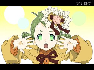 Rating: Safe Score: 0 Tags: 1girl :o black_border drill_hair flower green_eyes green_hair image kanaria letterboxed long_sleeves looking_at_viewer open_mouth polka_dot_background solo upper_body yellow_background User: admin