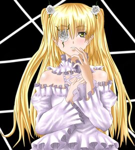 Rating: Safe Score: 0 Tags: 1girl bare_shoulders blonde_hair blush dress eyepatch flower frills green_eyes hair_flower hair_ornament image kirakishou long_hair rose solo twintails two_side_up very_long_hair white_flower white_rose User: admin