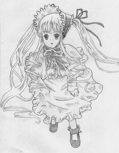 Rating: Safe Score: 0 Tags: 1girl :o capelet dress drill_hair full_body greyscale image long_hair long_sleeves looking_at_viewer monochrome open_mouth ribbon shinku simple_background solo standing traditional_media twintails very_long_hair User: admin