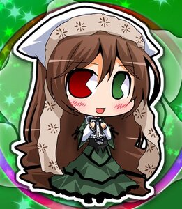 Rating: Safe Score: 0 Tags: 1girl :d blush brown_hair chibi dress green_background green_dress green_eyes head_scarf heterochromia image long_hair long_sleeves open_mouth red_eyes smile solo sparkle suiseiseki User: admin