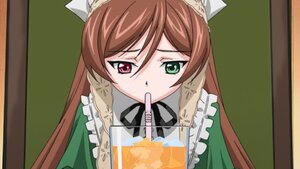 Rating: Safe Score: 0 Tags: 1girl brown_hair cup dress drinking_straw frills green_eyes heterochromia image long_hair red_eyes simple_background solo suiseiseki User: admin