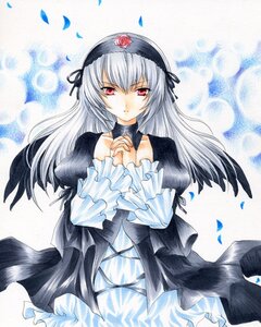 Rating: Safe Score: 0 Tags: 1girl dress flower frilled_sleeves frills hairband image long_hair long_sleeves looking_at_viewer marker_(medium) petals pink_eyes puffy_sleeves red_eyes rose silver_hair solo suigintou traditional_media wings User: admin