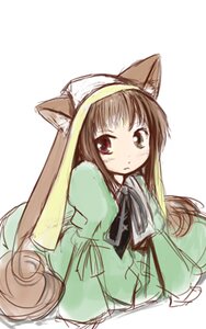 Rating: Safe Score: 0 Tags: 1girl animal_ears black_ribbon blush brown_hair dress green_dress image long_hair long_sleeves looking_at_viewer red_eyes simple_background sketch solo suiseiseki upper_body very_long_hair white_background User: admin