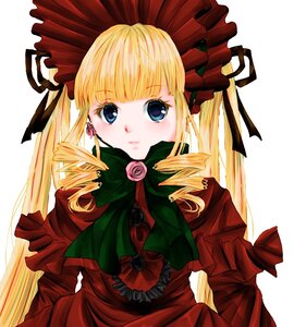 Rating: Safe Score: 0 Tags: 1girl bangs blonde_hair blue_eyes blush bonnet bow bowtie dress drill_hair flower green_bow image long_hair long_sleeves looking_at_viewer red_capelet red_dress rose shinku simple_background solo twin_drills twintails white_background User: admin