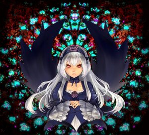 Rating: Safe Score: 0 Tags: 1girl black_wings dress frilled_sleeves frills hairband image long_hair long_sleeves looking_at_viewer red_eyes silver_hair solo stained_glass suigintou wings User: admin
