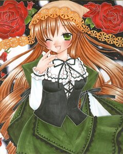 Rating: Safe Score: 0 Tags: 1girl ;d blush brown_hair colored_pencil_(medium) dress flower frills green_dress green_eyes hat image lolita_fashion long_hair long_sleeves looking_at_viewer marker_(medium) one_eye_closed open_mouth pastel_(medium) red_flower red_rose rose rose_petals smile solo suiseiseki traditional_media very_long_hair User: admin