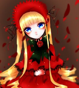 Rating: Safe Score: 0 Tags: 1girl blonde_hair blue_eyes blush bonnet bow bowtie dress flower green_bow image long_hair long_sleeves looking_at_viewer petals red_dress rose rose_petals shinku sidelocks solo twintails v_arms very_long_hair User: admin