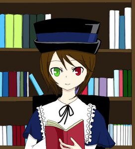 Rating: Safe Score: 0 Tags: 1girl book bookshelf brown_hair collar green_eyes hat heterochromia holding image indoors library looking_at_viewer red_eyes ribbon short_hair solo souseiseki suiseiseki upper_body User: admin