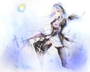 Rating: Safe Score: 0 Tags: 1girl black_dress black_wings blush dress eyebrows_visible_through_hair feathered_wings feathers flower frills full_moon hairband image long_hair long_sleeves looking_at_viewer moon red_eyes smile solo suigintou traditional_media wings User: admin