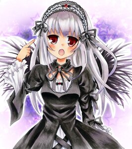 Rating: Safe Score: 0 Tags: 1girl :o black_dress black_ribbon black_wings blush dress frills hairband image index_finger_raised juliet_sleeves lolita_hairband long_hair long_sleeves looking_at_viewer marker_(medium) open_mouth pointing puffy_sleeves red_eyes ribbon silver_hair solo suigintou traditional_media wings User: admin