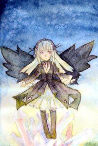 Rating: Safe Score: 0 Tags: 1girl auto_tagged bangs black_wings detached_collar dress flower frills hairband image long_hair long_sleeves looking_at_viewer red_eyes ribbon sky solo suigintou thighhighs white_hair wings User: admin