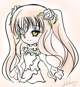 Rating: Safe Score: 0 Tags: 1girl auto_tagged blush dress flower frills image kirakishou long_hair looking_at_viewer monochrome pink_hair rose signature smile solo spot_color very_long_hair white_rose yellow_eyes User: admin