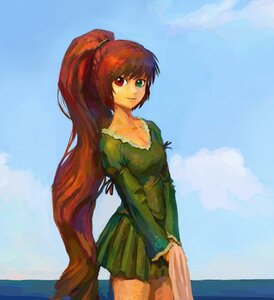 Rating: Safe Score: 0 Tags: 1girl blue_sky brown_hair cloud cowboy_shot day dress green_dress heterochromia horizon image long_hair long_sleeves looking_at_viewer outdoors ponytail red_eyes sky smile solo standing suiseiseki very_long_hair User: admin
