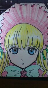 Rating: Safe Score: 0 Tags: 1girl bangs blonde_hair blue_eyes bonnet close-up flower image long_hair looking_at_viewer pink_bow pink_flower pink_rose rose shinku simple_background solo traditional_media User: admin