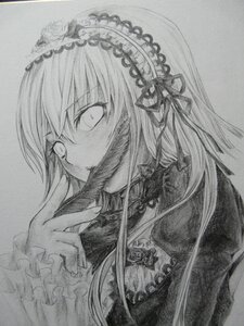 Rating: Safe Score: 0 Tags: 1girl dress flower frills graphite_(medium) greyscale hairband image long_hair long_sleeves monochrome ribbon rose simple_background solo suigintou traditional_media upper_body User: admin