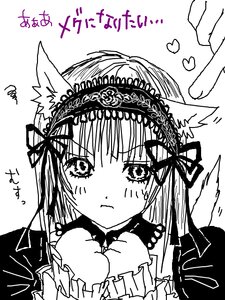 Rating: Safe Score: 0 Tags: 1girl animal_ears auto_tagged blush cat_ears closed_mouth frilled_hairband greyscale hairband image lolita_hairband long_hair long_sleeves looking_at_viewer monochrome ribbon simple_background solo suigintou white_background User: admin