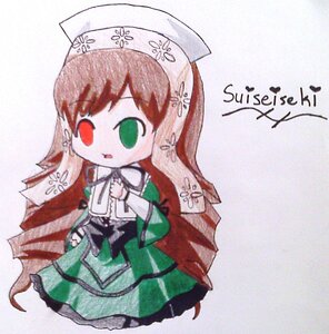 Rating: Safe Score: 0 Tags: 1girl brown_hair chibi dress full_body green_eyes hat head_scarf heterochromia image long_hair long_sleeves red_eyes solo suiseiseki very_long_hair User: admin