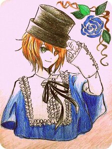 Rating: Safe Score: 0 Tags: 1girl blonde_hair blue_flower blue_rose flower frills green_eyes hat image long_sleeves ribbon rose short_hair smile solo souseiseki traditional_media upper_body User: admin