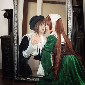 Rating: Safe Score: 0 Tags: 2girls brown_hair different_reflection dress frame green_dress hat head_scarf holding_hands lace long_hair long_sleeves mirror multiple_cosplay multiple_girls painting_(object) photo siblings sisters souseiseki suiseiseki tagme twins very_long_hair yuri User: admin