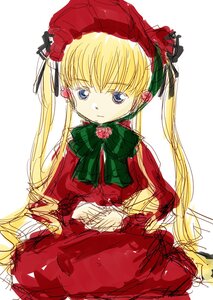 Rating: Safe Score: 0 Tags: 1girl blonde_hair blue_eyes bonnet bow bowtie dress flower green_bow green_neckwear image long_hair long_sleeves looking_at_viewer red_dress shinku simple_background sketch solo twintails white_background User: admin