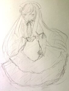 Rating: Safe Score: 0 Tags: 1girl closed_eyes dress image long_hair long_sleeves monochrome sketch solo suiseiseki traditional_media very_long_hair User: admin