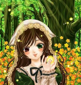 Rating: Safe Score: 0 Tags: 1girl brown_hair dress flower green_dress green_eyes hat heterochromia image lace long_hair looking_at_viewer nature red_eyes ribbon smile solo suiseiseki tree User: admin