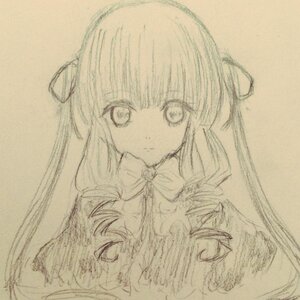 Rating: Safe Score: 0 Tags: 1girl auto_tagged closed_mouth eyebrows_visible_through_hair graphite_(medium) hair_ribbon image long_hair long_sleeves looking_at_viewer monochrome photo ribbon shinku simple_background sketch solo traditional_media User: admin