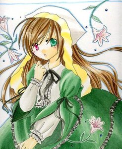 Rating: Safe Score: 0 Tags: 1girl black_ribbon brown_hair dress flower frills green_dress green_eyes hat head_scarf heterochromia image long_hair long_sleeves looking_at_viewer marker_(medium) pastel_(medium) red_eyes ribbon solo suiseiseki traditional_media very_long_hair watercolor_(medium) User: admin