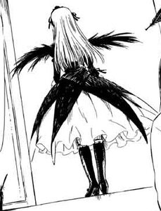 Rating: Safe Score: 0 Tags: 1girl boots dress greyscale image long_hair long_sleeves monochrome solo standing suigintou wings User: admin