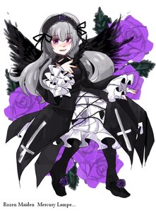 Rating: Safe Score: 0 Tags: 1girl black_wings blush dress flower frilled_sleeves frills hairband image lolita_hairband long_hair long_sleeves looking_at_viewer open_mouth pink_eyes purple_flower purple_rose rose silver_hair smile solo suigintou white_background wings User: admin