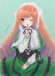 Rating: Safe Score: 0 Tags: 1girl dress finger_to_mouth frills green_dress image lolita_fashion long_hair long_sleeves looking_at_viewer m_putorius one_eye_closed red_eyes simple_background solo suiseiseki very_long_hair User: admin