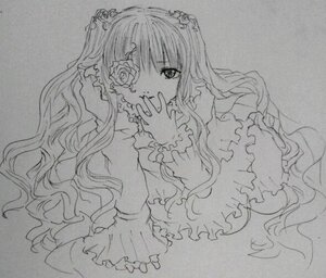 Rating: Safe Score: 0 Tags: 1girl covering_mouth dress flower frills greyscale image kirakishou long_hair long_sleeves looking_at_viewer monochrome rose solo traditional_media very_long_hair wavy_hair User: admin