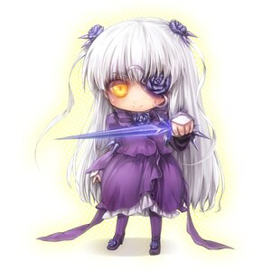 Rating: Safe Score: 0 Tags: 1girl barasuishou chibi dress eyepatch flower full_body image long_hair pantyhose polka_dot purple_dress purple_flower purple_rose rose silver_hair skirt smile solo very_long_hair weapon yellow_eyes User: admin