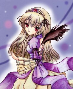 Rating: Safe Score: 0 Tags: 1girl :o blonde_hair dress frills hairband image juliet_sleeves long_hair long_sleeves looking_at_viewer looking_back puffy_sleeves purple_dress red_eyes solo suigintou wings User: admin
