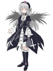 Rating: Safe Score: 0 Tags: 1girl black_footwear black_wings boots dress flower frills full_body hairband image knee_boots long_hair long_sleeves looking_at_viewer puffy_sleeves rose silver_hair solo standing suigintou white_background wings User: admin