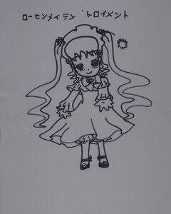 Rating: Safe Score: 0 Tags: 1girl auto_tagged dress full_body greyscale image long_hair looking_at_viewer monochrome photo shinku shoes solo standing traditional_media twintails very_long_hair User: admin