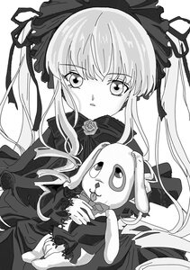 Rating: Safe Score: 0 Tags: 1girl blush bow dress flower greyscale image long_hair long_sleeves looking_at_viewer monochrome rose shinku simple_background solo twintails very_long_hair white_background User: admin