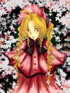 Rating: Safe Score: 0 Tags: 1girl autumn_leaves blonde_hair blush dress flower hat image leaf long_hair long_sleeves looking_at_viewer maple_leaf shinku solo twintails yellow_eyes User: admin