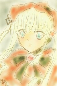 Rating: Safe Score: 0 Tags: 1girl blonde_hair blue_eyes blush bow bowtie capelet dress flower hat image long_hair long_sleeves looking_at_viewer rose shinku simple_background solo traditional_media upper_body User: admin