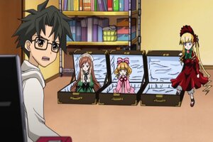 Rating: Safe Score: 0 Tags: 1boy 2girls 3girls black_hair blonde_hair bonnet bow brown_hair dress glasses image long_hair long_sleeves multiple multiple_girls pink_bow shinku sitting table tagme User: admin