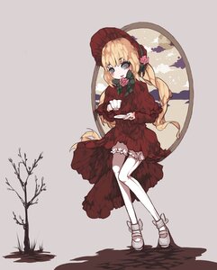 Rating: Safe Score: 0 Tags: 1girl blonde_hair blue_eyes bonnet bow braid dress flower full_body grey_background image long_hair long_sleeves looking_at_viewer red_dress rose shinku shoes sitting solo thighhighs very_long_hair white_legwear User: admin