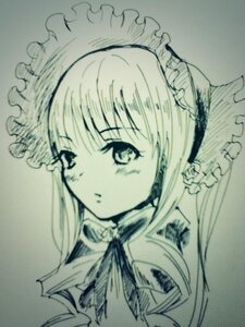 Rating: Safe Score: 0 Tags: 1girl bangs bonnet frills image looking_at_viewer maid_headdress monochrome shinku simple_background solo traditional_media upper_body User: admin