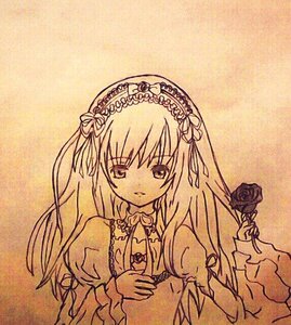 Rating: Safe Score: 0 Tags: 1girl dress flower hairband holding_flower image juliet_sleeves long_hair long_sleeves looking_at_viewer monochrome puffy_sleeves ribbon rose solo suigintou traditional_media upper_body User: admin