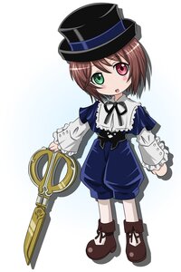Rating: Safe Score: 0 Tags: 1girl boots brown_hair chibi commentary_request full_body gradient_background green_eyes hat heterochromia highres image long_sleeves looking_at_viewer pantyhose red_eyes ribbon rozen_maiden scissors short_hair smile solo souseiseki standing takumi_(rozen_garten) top_hat User: admin