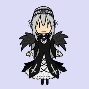 Rating: Safe Score: 0 Tags: 1girl black_dress black_wings chibi dress flower frills full_body gothic_lolita hairband image lolita_fashion long_hair long_sleeves silver_hair simple_background solo standing suigintou wings User: admin